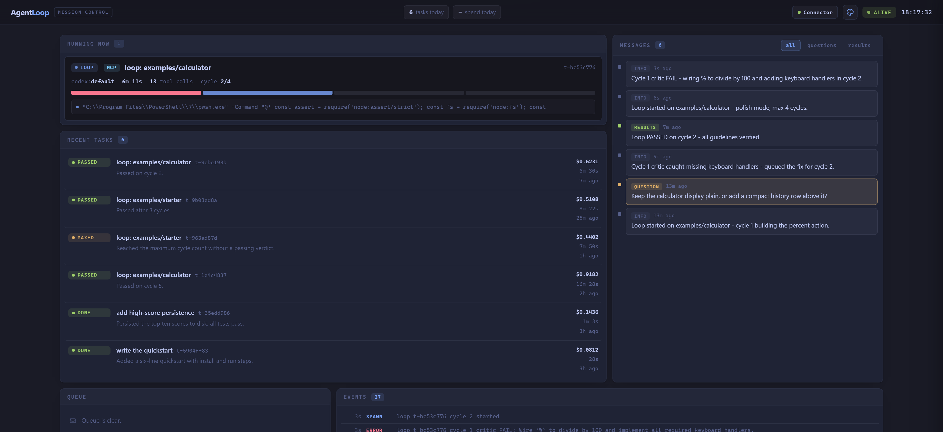 AgentLoop dashboard showing a fresh worker running cycle two